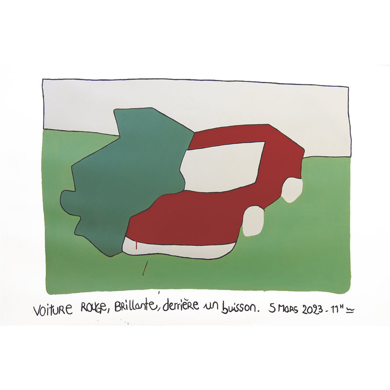 Voiture rouge brillante derrière un buisson, 5 mars 2023, 11h environs